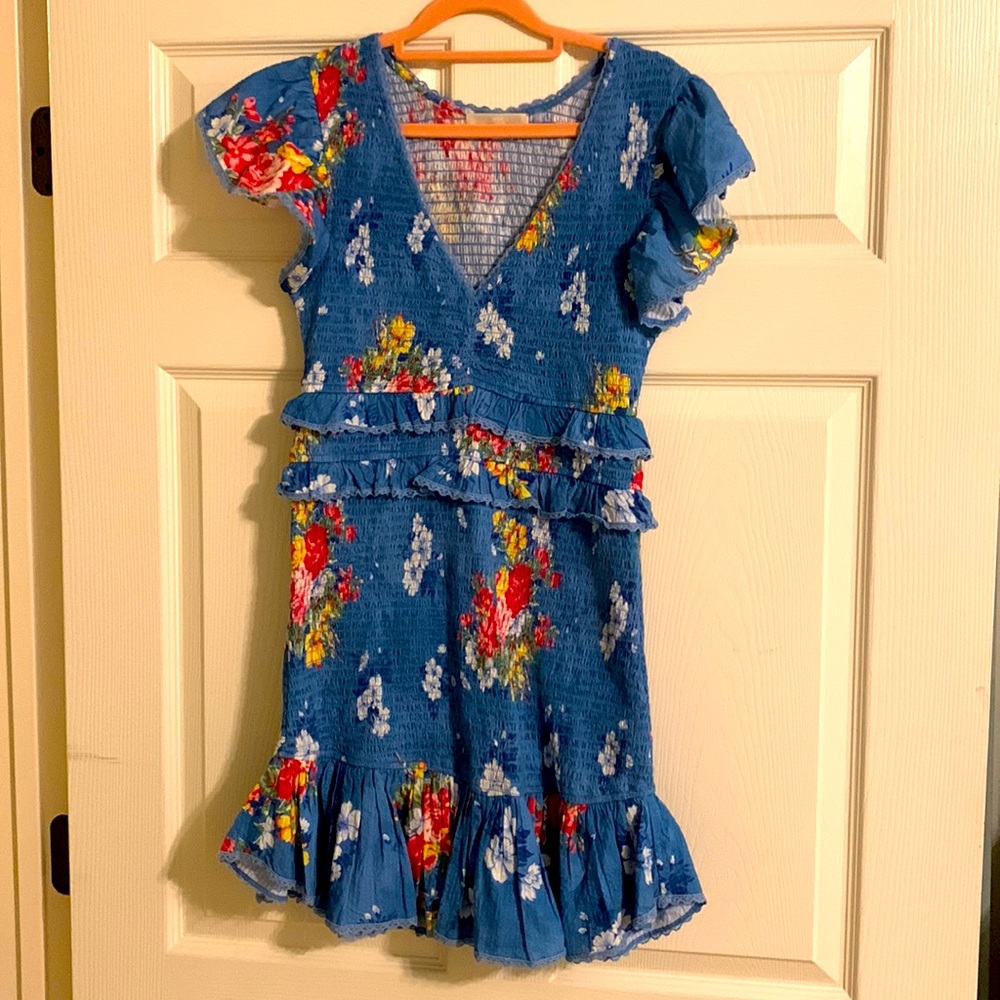 LoveShackFancy sz M never worn blue floral smocked dress ruffle trim